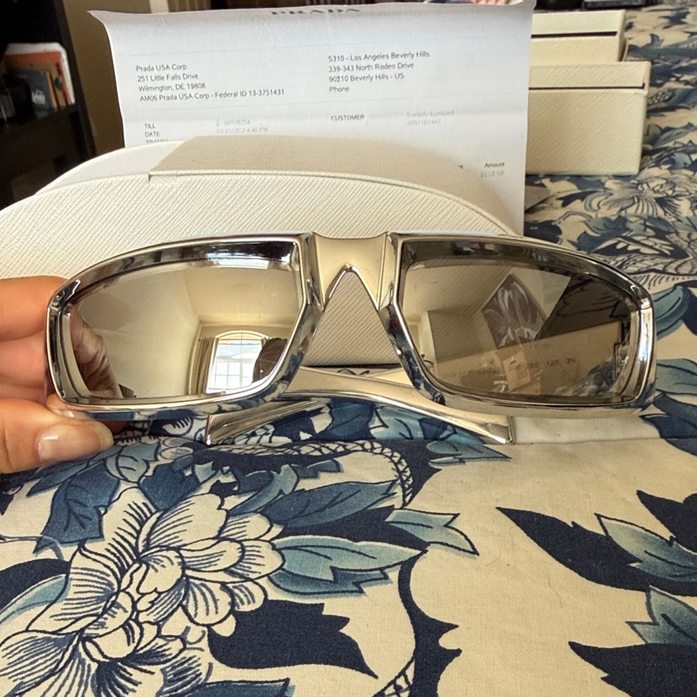 Prada Clear Frame Silver Mirror Rectangular Sungl… - image 2